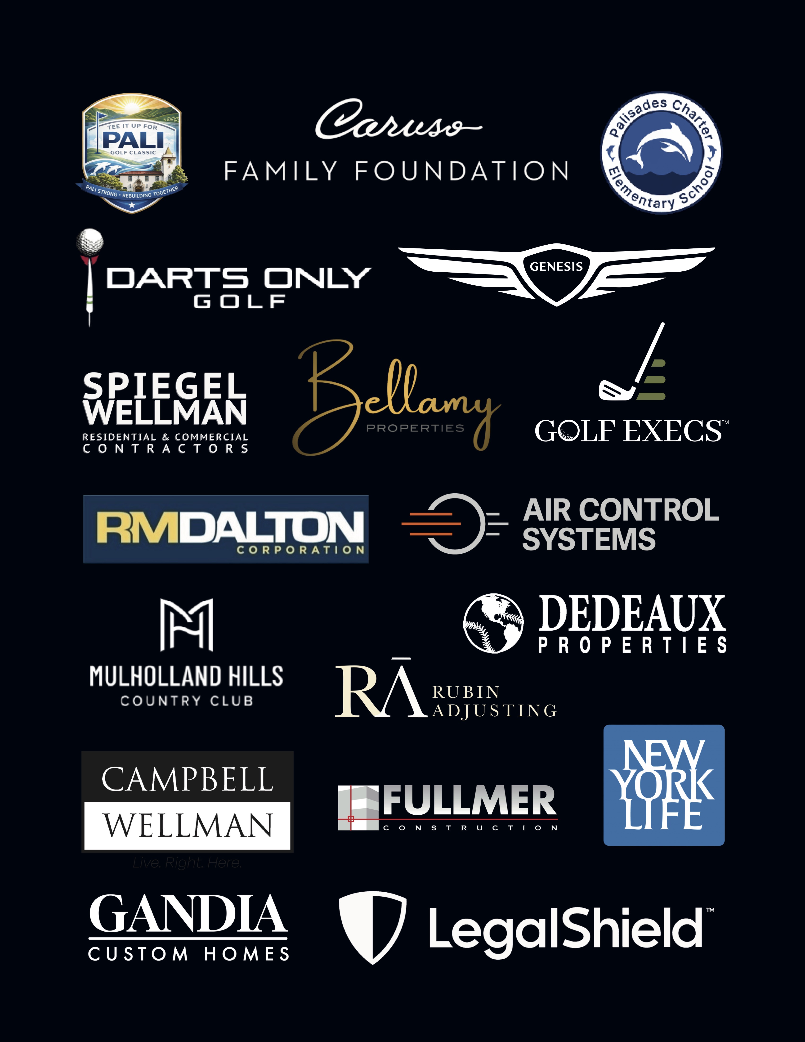 Tee It Up for Pali Golf Classic — sponsors and community partners including the Caruso Family Foundation, Genesis, Palisades Charter Elementary School, Darts Only Golf, Spiegel Wellman, Bellamy Properties, Golf Execs, RM Dalton Corporation, Air Control Systems, Mulholland Hills Country Club, Dedeaux Properties, Rubin Adjusting, Campbell Wellman, Fullmer Construction, New York Life, Gandia Custom Homes and LegalShield